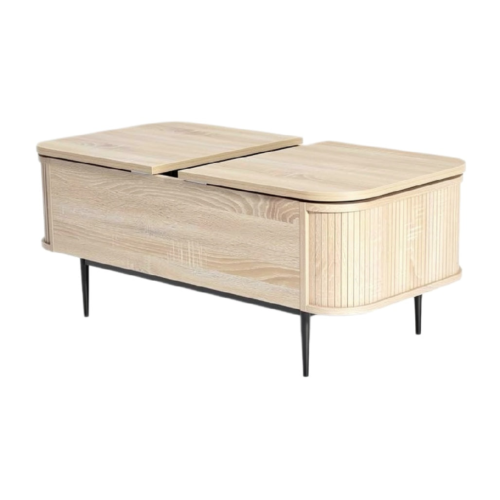 Moderne houten salontafel met opbergruimte en metalen poten.