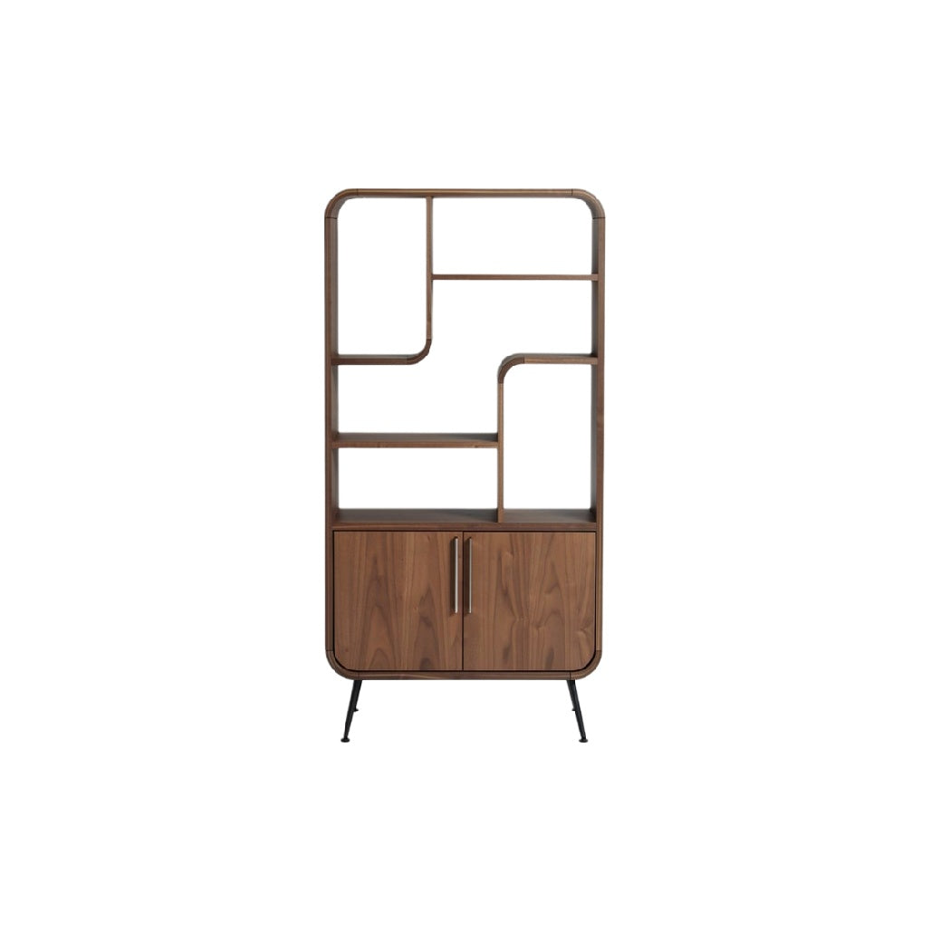 Moderne boekenkast met houten afwerking en metalen poten