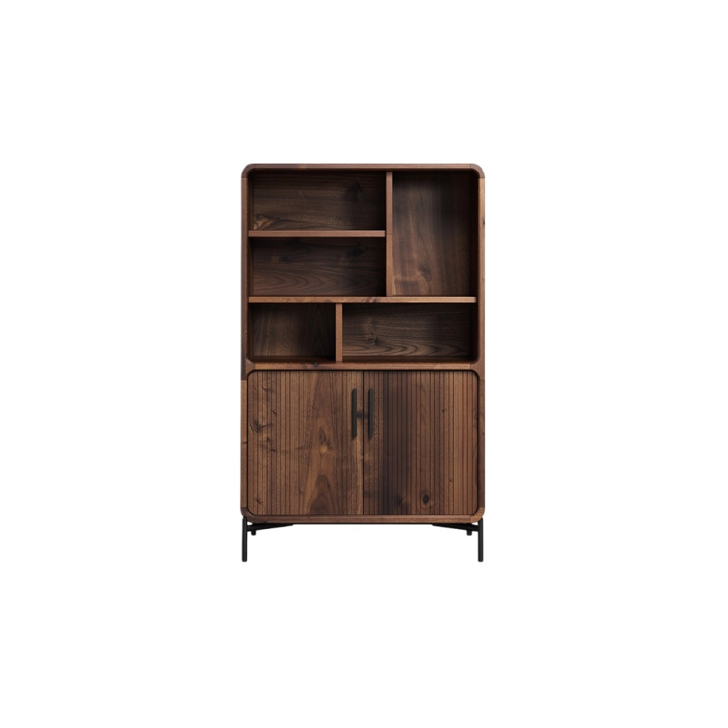Titel: "Moderne Houten Boekenkast met Open Planken en Deuren"